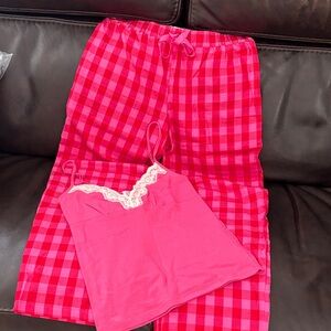 Ann Taylor Pink Check Pajama Set with Lace Trim